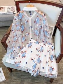 GlowEve CURVE 加大码女式立领刺绣开衫，精致优雅，适合春夏休闲、居家、度假穿着，两件套