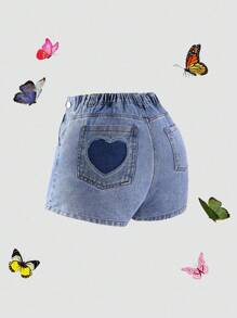 Teen Girls' Embroidered Heart Back Washed Blue Denim Shorts, Youthful Sweet Fashion Energetic - Medium Wash - View 2