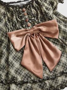 ROMWE Avant 女式复古格子印花方领泡泡袖荷叶边撞色蝴蝶结装饰娃娃装上衣，夏季 - 彩色 - 查看 3