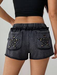 SHEIN PETITE Quần short giặt họa tiết ngôi sao cạp chun thường ngày cho nữ, mùa hè - màu đen - Xem 8
