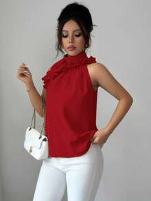 Balvessa Ruched Sleeveless Blouse, Intellectual And Elegant Red Ruffle Top - Red - View 5