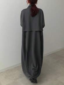 FRIFUL 女士时尚高领拼接宽松纯色连衣裙，春秋 - 黑色 - 查看 4