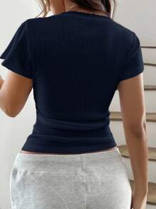 Vionelle 大码女式甜美蕾丝边短袖 T 恤，修身款三扣休闲粉色 T 恤上衣夏季女式上衣方领上衣纽扣上衣蕾丝边上衣 - 寶藍色 - 查看 2