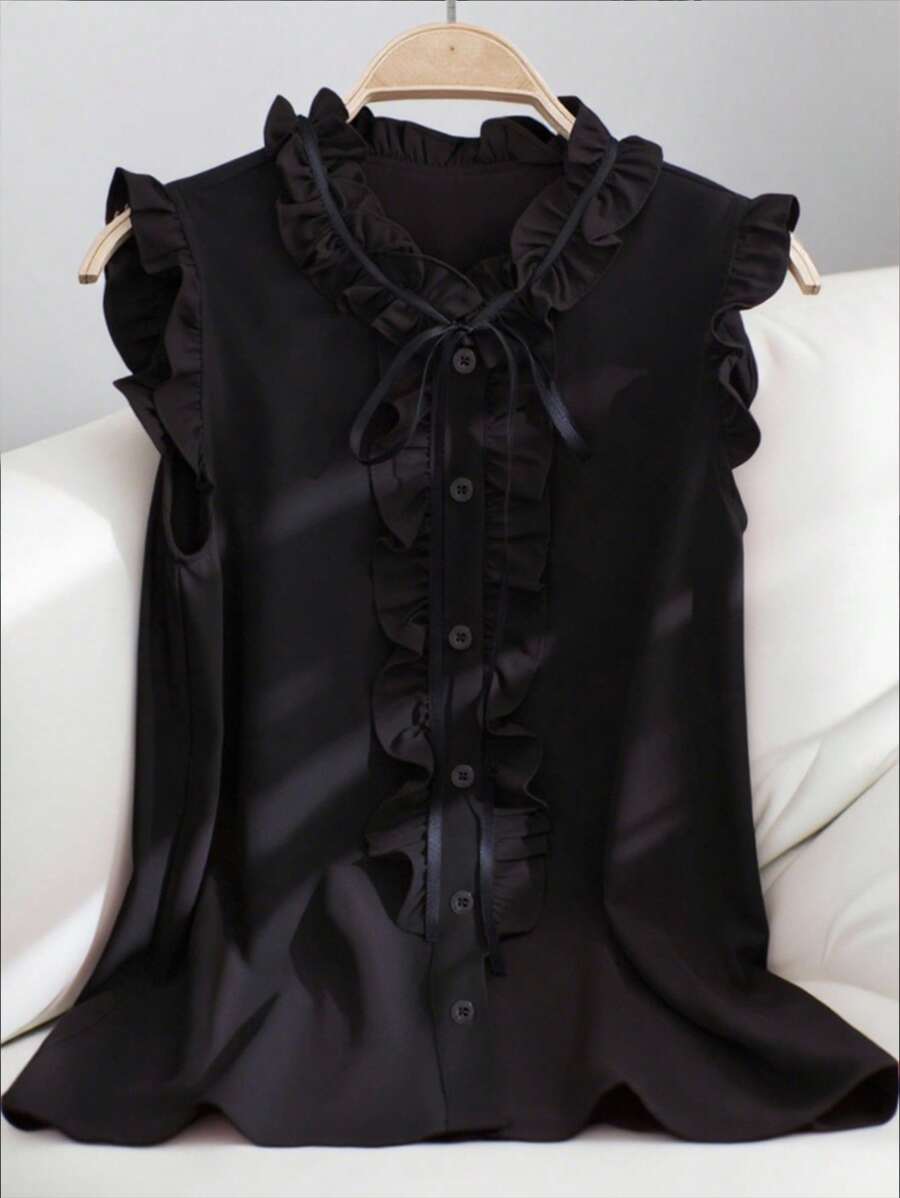 Franclia 女式无袖休闲宽松荷叶边下摆黑色衬衫，优雅红色上衣，夏季 - 黑色 - 查看 1