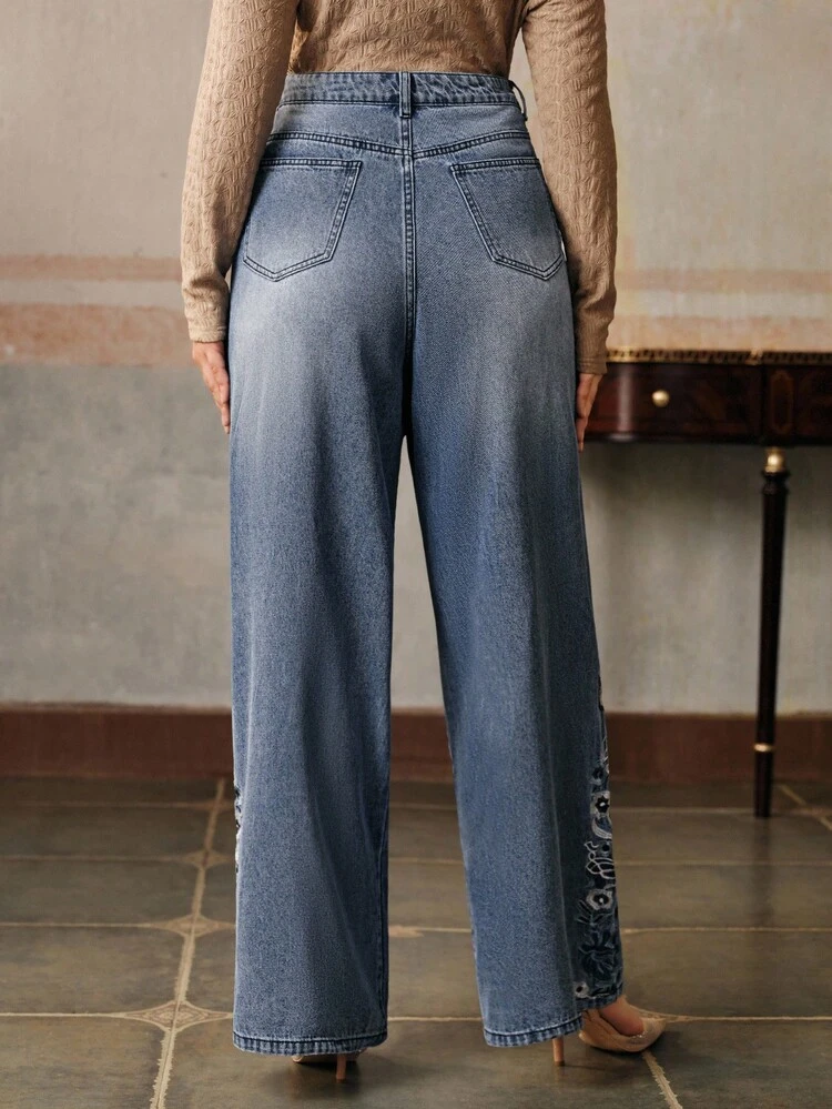 우아한 자수 여성용 블루 진