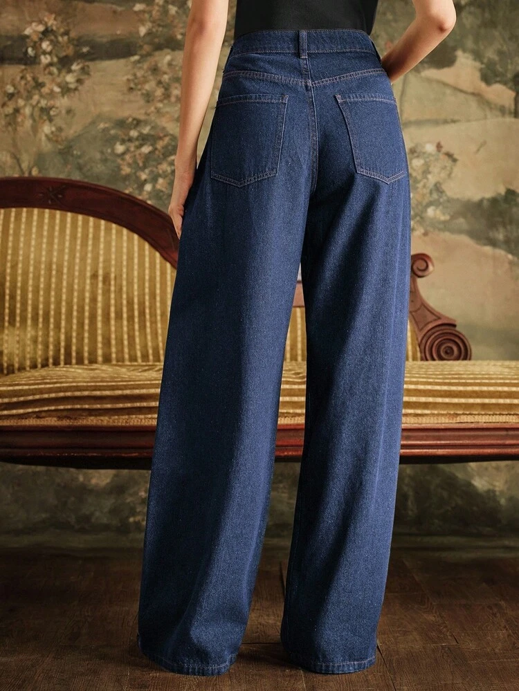 Vintage Style Handmade Button Women's Straight Leg Blue Jeans