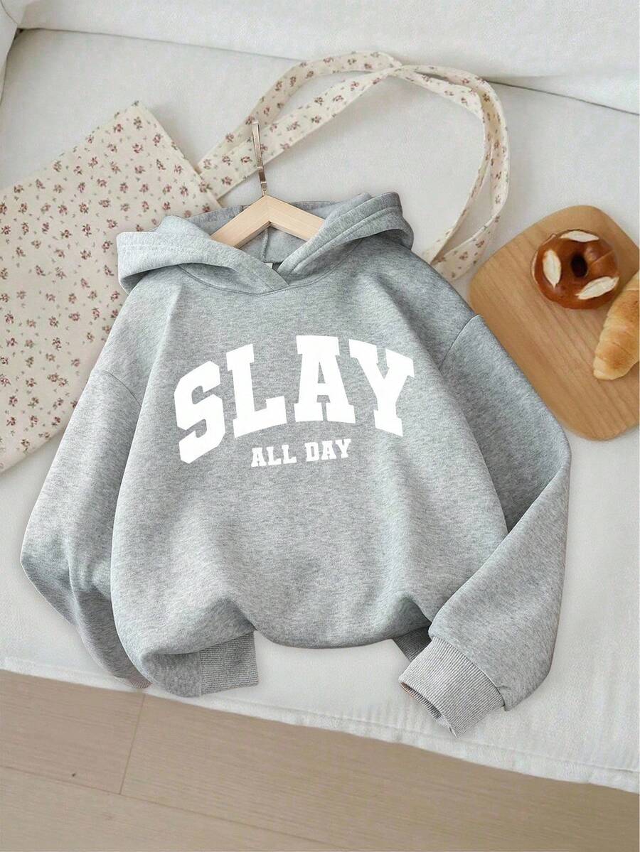 SHEIN 女童字母印花抓绒卫衣，休闲长袖，秋季女童时尚卫衣，猫咪爱心图案，冬季时尚卫衣 - 杏色 - 查看 1