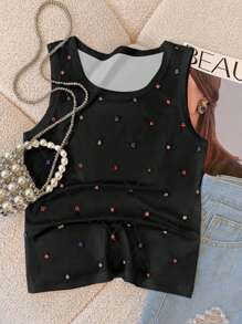 Breezaya Damen Lässig Rundhals-Tanktop mit bunter Strass-Verzierung