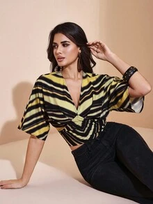 JIAN LASALA Striped Print V-Neck Batwing Sleeve Ruched Waist Women Top Autumn Casual Wear Fall For Women Going Out Party Top New Year Wedding Guest Luxury - Multicolor - View 8