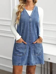 SHEIN LUNE Women's V-Neck Sleeveless Pocket Simple Casual Short Denim Dress - Blue - View 2