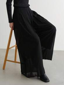 FRIFUL 女士纯黑色褶皱休闲直筒裤，百搭商务休闲装 - 黑色 - 查看 7