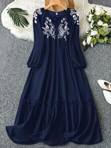 Mulvari 大码女式休闲度假风佩斯利印花灯笼袖荷叶边下摆宽松连衣裙，春秋季 - 藏蓝色 - 查看 1