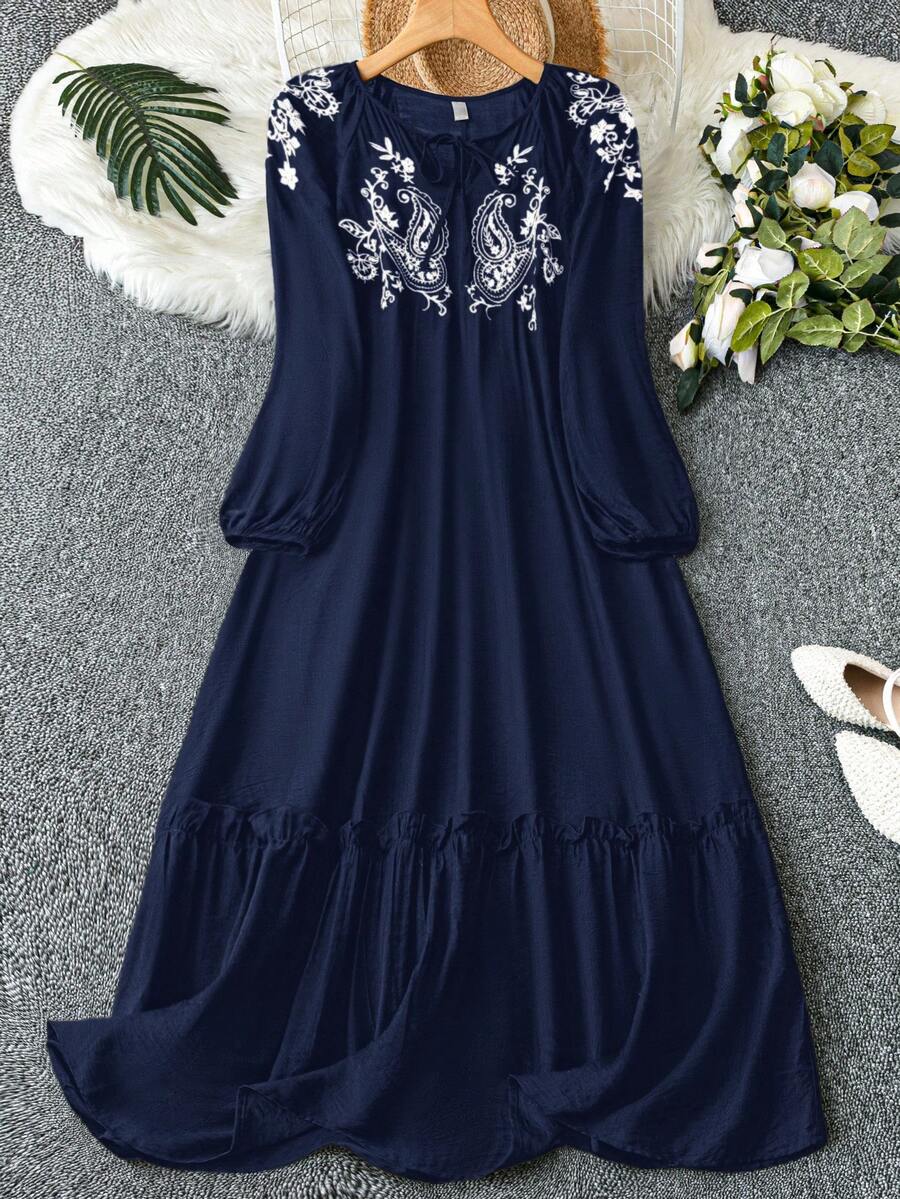 Mulvari 大码女式休闲度假风佩斯利印花灯笼袖荷叶边下摆宽松连衣裙，春秋季 - 藏蓝色 - 查看 1