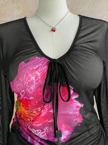 Soleia Plus Size Women Vacation Mesh Floral Print V-Neck Bowknot Asymmetrical Flare Sleeve Asymmetric Ruched Hem T-Shirt