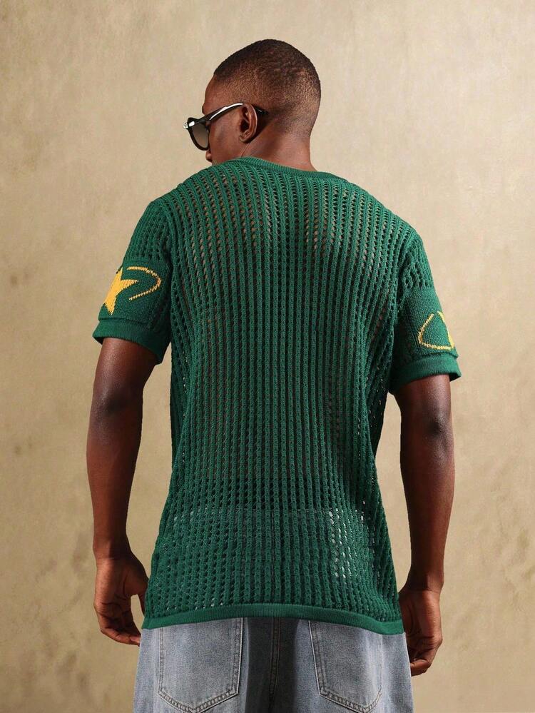 대학 번호 디자인이 들어간 메시 니트 스웨터