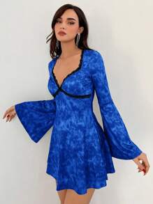 Aloruh 女士漸變色印花荷葉邊波浪袖洋裝