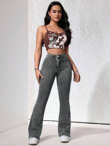 SHEIN ICON 女式高腰喇叭紧身休闲百搭牛仔裤 - 灰色 - 查看 7