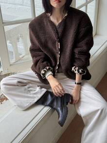 DAZY Cardigan oversize con bottoni in morbido tessuto, giacca da donna per autunno/inverno - Castano - Visualizzare 6