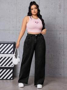 SHEIN EZwear 大尺碼女士直筒牛仔褲帶口袋 - 黑色 - 查看 5