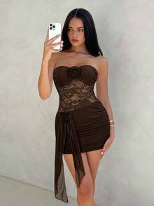 Aloruh Women's Sexy Elegant Lace Patchwork 3D Floral Decor Fitted Mini Beach Vacation Dress