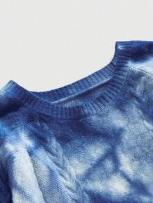 ROMWE MEN Street Life 男士时尚休闲扎染麻花针织圆领毛衣，秋冬 - 藍色 - 查看 3