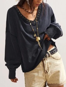 Bohemela 秋冬女士休闲纯色V领长袖宽松运动衫 - 黑色 - 查看 7