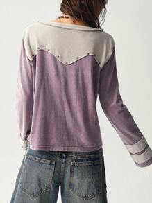 Bohemela Áo thun tay dài cổ chữ V phối màu đơn giản dành cho nữ - Màu tím - Xem 7