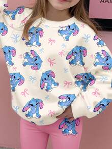 SHEIN 2pcs/Set Cream White & Rose Pink, Cute Cartoon Blue Rabbit Lulu, Bow, Stitch Pattern Young Girl Casual Soft Crew Neck Long Sleeve Sweatshirt And Leggings Autumn/Winter Outfit Fall