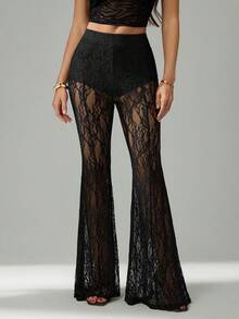 SHEIN Tall Women's Summer Club Outfits Sexy Country Concert Y2K Black Lace Petite Bell Bottoms - Black - View 9