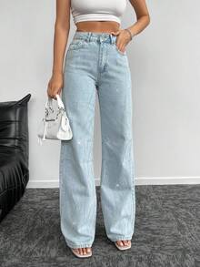 EURMUSE Quần Jeans Ống Thẳng Cạp Cao Đính Đá Rhinestone 100% Cotton - Màu xanh lam - Xem 3