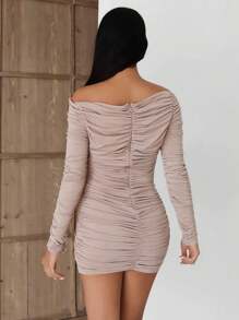 EURMUSE Women's Autumn Simple Ruched One-Shoulder Bodycon Dress - Beige - View 2