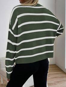 SHEIN Unity Casual Round Neck Black & White Striped Pullover Sweater, College Style - Olive Green - View 2