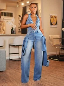 SHEIN BamGlam Women's Washed Blue Denim Bowknot Loose Straight Leg Low Waist Jeans, All Season