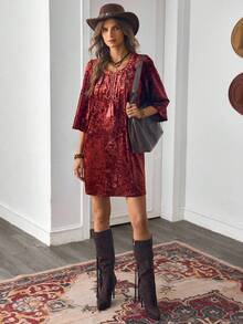 EMERY ROSE Women's Autumn/Winter Vintage Burgundy Velvet Rhinestone Velvet Round Neck Keyhole Tassel Tie Waist Embroidery Puff Sleeve Loose Mini Dress - Burgundy - View 5