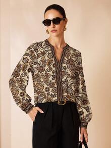 Glamance Polina Brazil Women's Elegant Commuter Paisley Print Notch Collar Blouse Paisley Print Blouse Women Blouses And Shirts Printed Blouse Paisley Blouse Women Blouses And Shirts Chic Stylish Clothing Collection - Brown - View 5