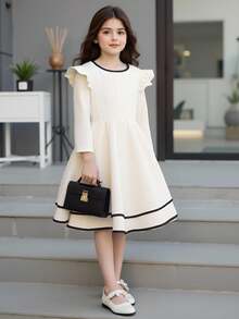 1 chiếc váy dệt kim jacquard dài tay cổ tròn màu mơ tối giản cho bé gái, thời trang & thanh lịch đa năng, thích hợp cho bé gái từ 4-7 tuổi mặc ngoài trời, chụp ảnh, v.v. - Màu be - Xem 3