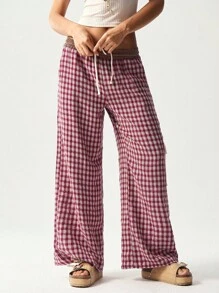 Bohemela 女式休闲宽松格子拼接阔腿裤 - 酒紅色 - 查看 6