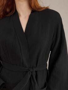 Ocili Áo choàng tắm nhiều lớp ren cotton mềm mại dành cho nữ, đồ ngủ thoải mái, đồ mặc nhà, cho mùa thu và mùa đông, trang phục ấm áp - màu đen - Xem 7