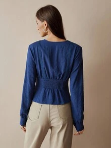 Florisole Elegante blusa da donna con fiori in pizzo, patchwork, apertura frontale, decorazione con bottoni di perle e vita stretta, autunnale - Blu Navy - Visualizzare 2