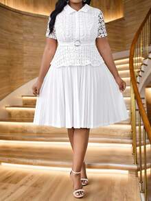 Fleurora Women Elegant White Spring Formal Party Dress,Plus Size Commuting Office Bodycon Midi Dresses,Short Sleeve Mesh Contrast Collar Business Casual Wear - White - View 5