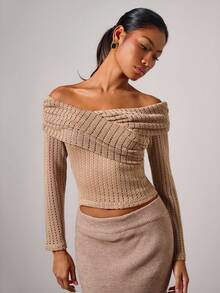 COSMINA Women's Elegant Ruched Foldover Off Shoulder Hollow Out Fitted Cropped Top, Spring/Autumn - Army Green - View 5