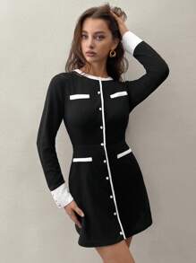 SHEIN Unity Vestido elegante de punto de manga larga con cintura ceñida y decoración de botones de perla para uso diario - Negro - Ver 4