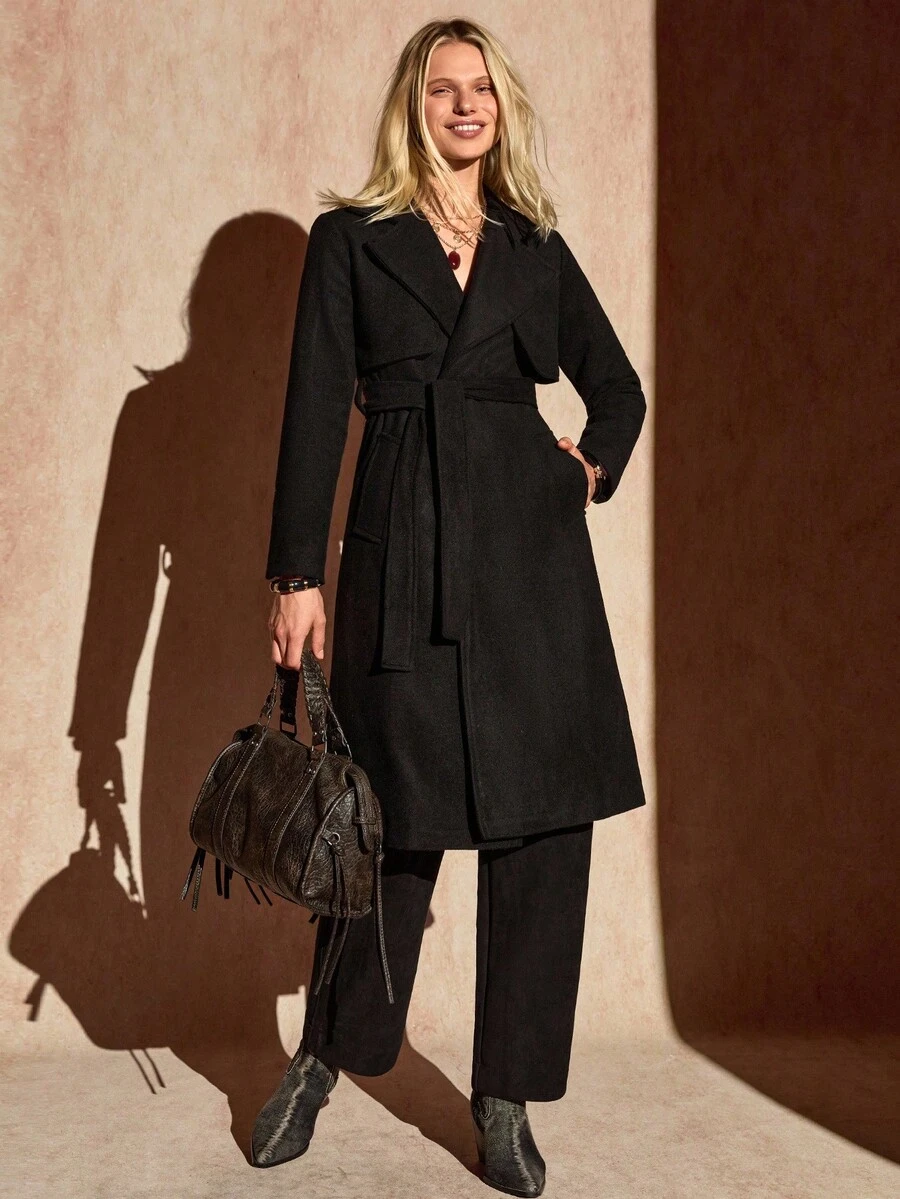 Bóhologie Women's Solid Wool Quality Belted Elegant Overcoat - Black - View 1