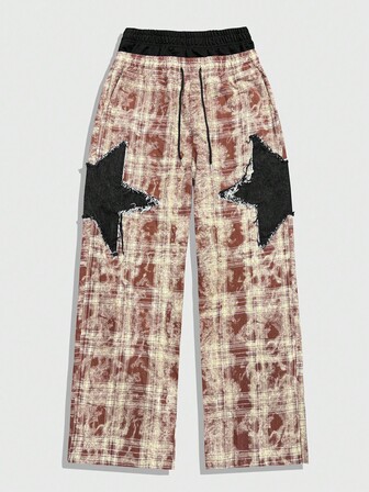 Prep Pantalon droit à cordon de serrage avec patch d'étoile à cinq branches à carreaux pour hommes, automne