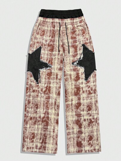 Prep Men's Plaid Five-Pointed Star Patch Drawstring Straight Leg Pants, Fall