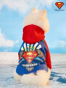 SUPERMAN X PETSIN 1pc Colorblock Printed Raglan Sleeve Hoodie, Fashionable & Suitable For Cats & Dogs - Blue - View 6