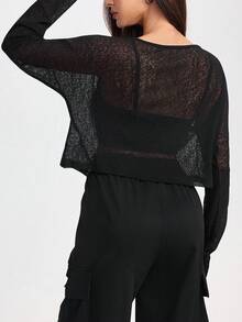 Gameset SHEIN Sport 女式宽松蝙蝠袖不对称肩部健身跑步户外运动 T 恤透明上衣，透视网眼上衣，适合外出 - 黑色 - 查看 2