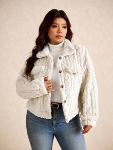 Elaquor 大码女式纯色翻领长袖羊毛休闲夹克，秋冬装，白色夹克，女式白色外套，女式休闲装，女式冬装 - 杏色 - 查看 6