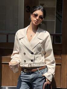SHEIN EZwear Women's Casual Versatile Solid Color Double-Breasted Trench Coat Outwear, Back To School,Fall - Khaki - View 6
