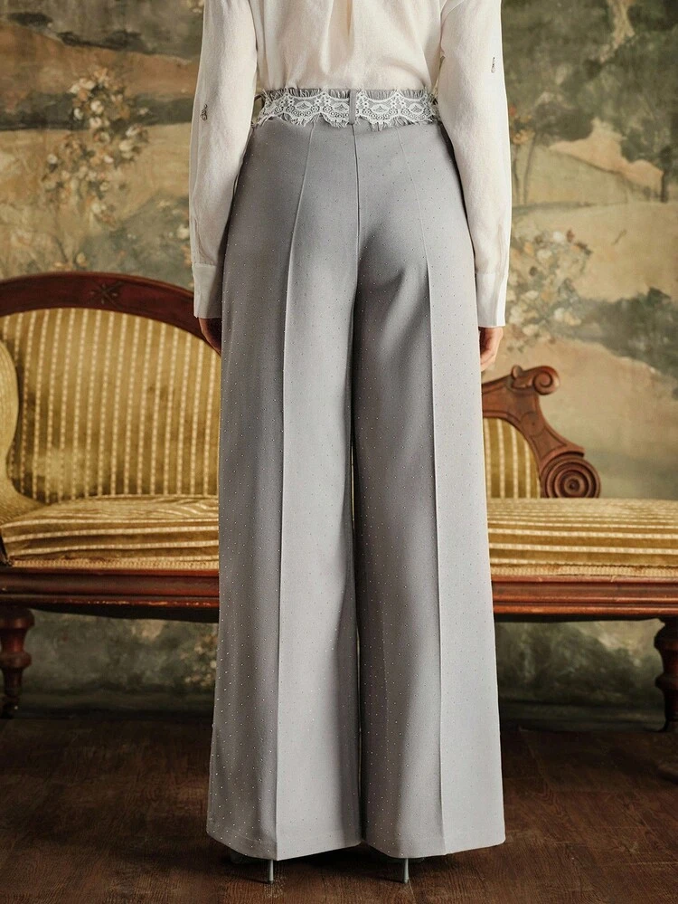 Elegant Women's High Waist Lace Patchwork Draping Rhinestone Embellished Dress Pants, Suitable For Birthday Party, Fall/Winter, Christmas, New Year, Elegant, Luxury, Chic, Casual, Business